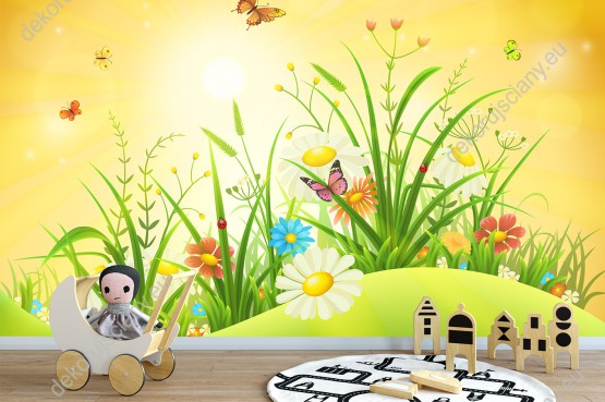 Wizualizacja fototapety do pokoju dziennego, dziecięcego i sypialni. Fototapeta z widokiem łąki pełnej kolorowych, wiosennych kwiatów i motyli w jasnych promieniach słońca.