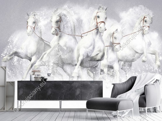Wizualizacja fototapety do pokoju dziennego, dziecięcego, młodzieżowego, sypialni, salonu, biura. Fototapeta przedstawia białe konie galopujące w śniegu.