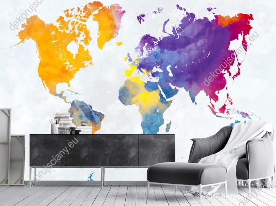 Wizualizacja fototapety, kolorowa mapa świata malowana akwarelą na białym tle z odcieniami szarości. Fototapeta do pokoju młodzieżowego, dziecięcego i sypialni.