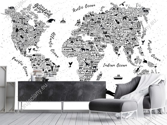 Wizualizacja czarno-białej fototapety z typograficzną mapą świata. Fototapeta do pokoju dziecięcego, młodzieżowego, biura, sypiali.