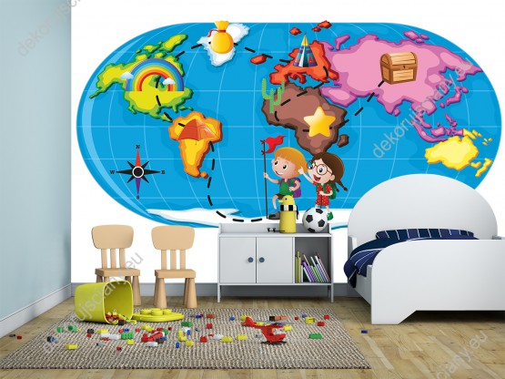 Wizualizacja fototapety do pokoju dziecięcego przedstawiająca kolorową mapę i dzieci podróżujące przez świat.