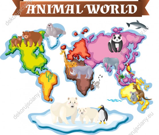 Wzornik fototapety do pokoju dziecięcego przedstawiająca mapę świata z kolorowymi kontynentami i zwierzętami, na białym tle.