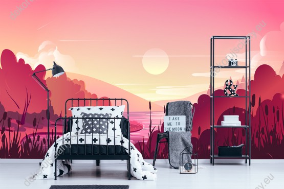 Wizualizacja fototapety do pokoju dziennego, dziecięcego, młodzieżowego, sypialni, salonu, biura. Fototapeta prezentuje widok na jezioro i trzciny w różowych barwach.