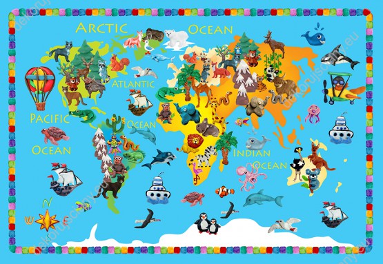 Wzornik fototapety do pokoju dziecięcego przedstawiająca mapę świata z kolorowymi zwierzętami wszystkich kontynentów i środkami transportu.