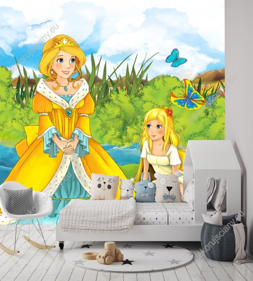 Wizualizacja fototapety do pokoju dziecięcego z piękną, bajkową księżniczką i dziewczyną płynącą na liściu po strumyku.