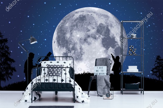 Wizualizacja fototapety do pokoju dziennego, dziecięcego, młodzieżowego, sypialni, salonu, biura. Fototapeta przedstawia naukowców obserwujących księżyc w rozgwieżdżoną noc.
