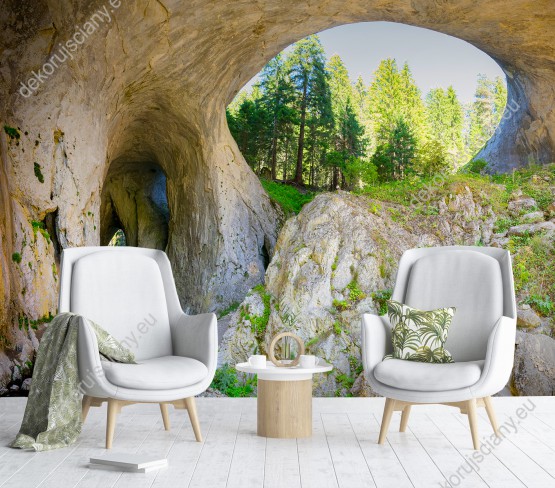 Wizualizacja fototapety przedstawia tunele w skalnej grocie z widokiem na zielony las. Fototapeta do pokoju dziennego, salonu, biura, gabinetu, sypialni, przedpokoju i jadalni.