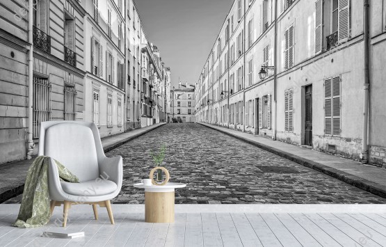 Wizualizacja czarno-białej fototapety z widokiem na paryską uliczkę. Fototapeta optycznie powiększa pomieszczenie. Fototapeta do pokoju dziennego, salonu, biura, gabinetu, sypialni, przedpokoju i jadalni.