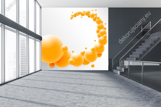 Wizualizacja fototapety przedstawia zawieszone w przestrzeni pomarańczowe kule atomowe z efektem 3D. Fototapeta do pokoju dziennego, młodzieżowego, sypialni, salonu, biura, gabinetu, przedpokoju i jadalni.