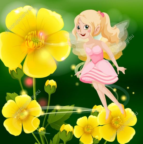 Wzornik fototapety do pokoju dziecięcego z bajkową wróżką, latającą w ogrodzie wśród wiosennych kwiatów.