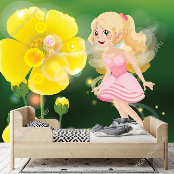 Wizualizacja fototapety do pokoju dziecięcego z bajkową wróżką, latającą w ogrodzie wśród wiosennych kwiatów.