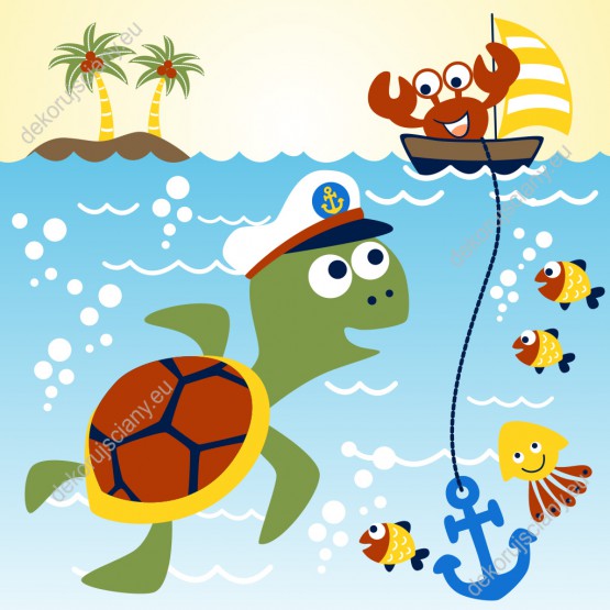 Wzornik fototapety do pokoju dziecięcego przedstawiająca żółwia w marynarskiej czapce i ryby oraz raka płynącego małą łódeczką po wodzie.