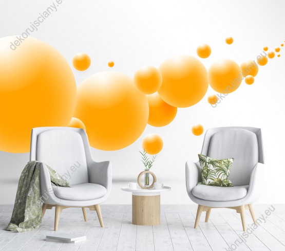 Wizualizacja fototapety przedstawia przestrzenne, pomarańczowe kule atomowe 3D. Fototapeta do pokoju dziennego, młodzieżowego, sypialni, salonu, biura, gabinetu, przedpokoju i jadalni.