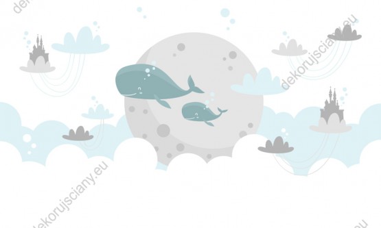 Wzornik fototapety, wieloryby pływające wśród białych i błękitnych chmur na tle księżyca. Fototapeta do pokoju dziecięcego.