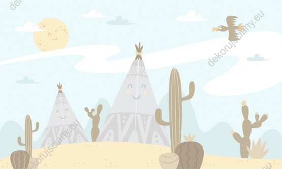 Wzornik fototapety do pokoju dziecięcego z motywem indiańskim. Namioty tipi na piaskach pustyni wśród kaktusów, na tle błękitnego nieba.