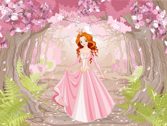 Wzornik fototapety, piękna księżniczka idąca przez las wśród kwitnących na różowo drzew i kwiatów. Fototapeta do pokoju dziecięcego w wiosennym klimacie.