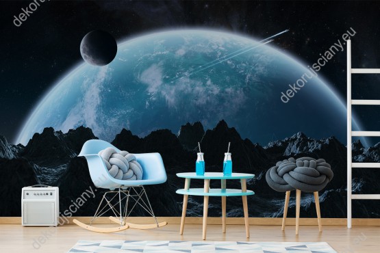 Wizualizacja Fototapeta do pokoju dziennego, młodzieżowego, sypialni, salonu, biura z motywem kosmosu. Fototapeta z widokiem na góry i asteroidy przelatujące blisko Ziemi.