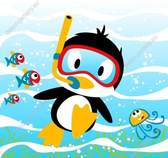 Wzornik fototapety do pokoju dziecięcego z małym pingwinem w masce nurkującym w morzu z rybami.