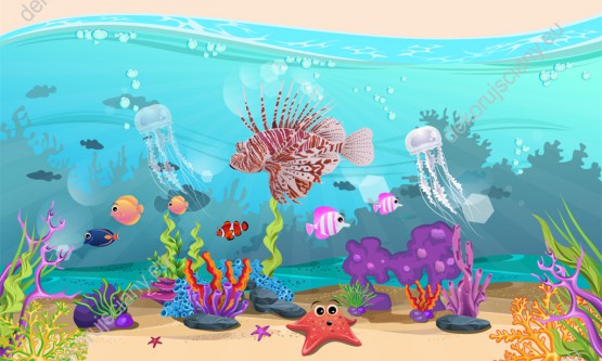 Wzornik fototapety do pokoju dziecięcego z widokiem pięknych podwodnych krajobrazów, kolorowych ryb i rafy koralowej.