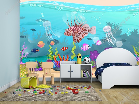 Wizualizacja fototapety do pokoju dziecięcego z widokiem pięknych podwodnych krajobrazów, kolorowych ryb i rafy koralowej.