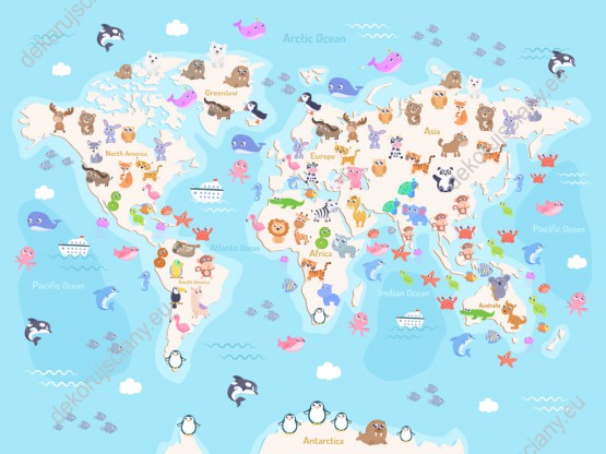Wzornik fototapety do pokoju dziecięcego przedstawiająca mapę świata z kolorowymi zwierzętami ze wszystkich kontynentów, na błękitnym tle mórz i oceanów.
