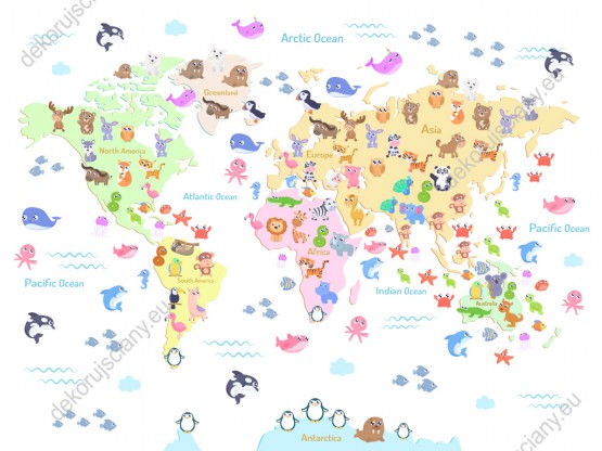 Wzornik fototapety do pokoju dziecięcego przedstawiająca mapę świata w pastelowych kolorach ze zwierzętami, ze wszystkich kontynentów, na białym tle.