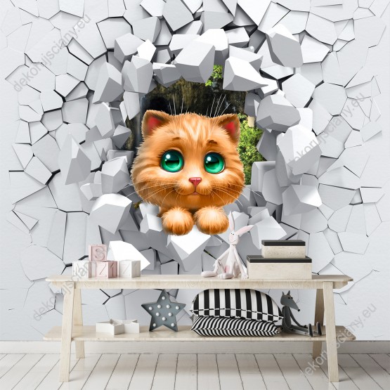 fototapeta-kot-rozbija-sciane-3d Wizualizacja fototapety do pokoju dziennego, dziecięcego, młodzieżowego, salonu ze słodkim, rudym kotkiem zaglądającym przez dziurę w rozbitej ścianie.