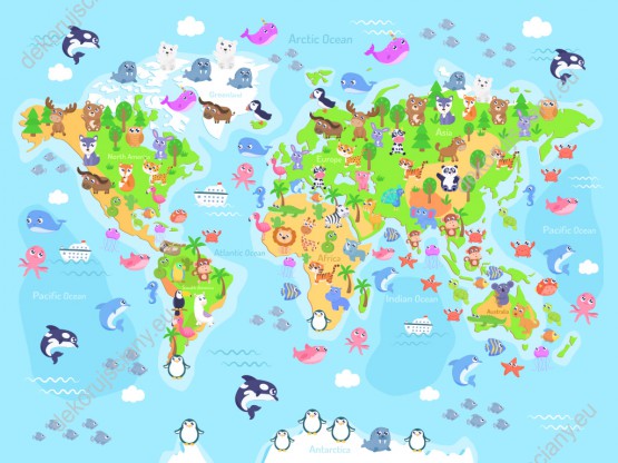 Wzornik fototapety do pokoju dziecięcego przedstawiająca mapę świata z kolorowymi zwierzętami wszystkich kontynentów, na tle mórz i oceanów.