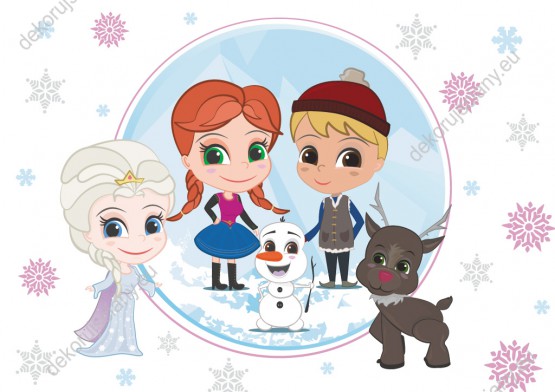 Wzornik fototapety do pokoju dziecięcego z bohaterami bajki Kraina lodu w zimowej aurze. Na fototapecie Elsa, Anna, Kristoff, bałwanek Olaf i renifer Sven, na białym tle z padającymi płatkami śniegu.