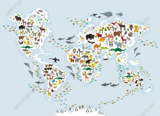 Wzornik fototapety do pokoju młodzieżowego i dziecięcego przedstawiająca mapę świata ze zwierzętami ze wszystkich kontynentów, na szarym tle mórz i oceanów.