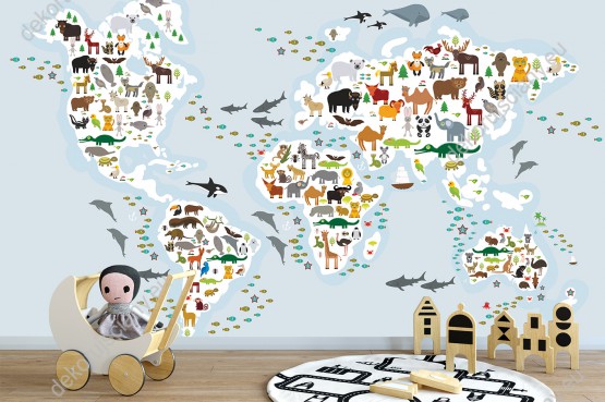 Wizualizacja fototapety do pokoju młodzieżowego i dziecięcego przedstawiająca mapę świata ze zwierzętami ze wszystkich kontynentów, na szarym tle mórz i oceanów.