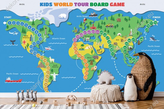 Wizualizacja fototapety do pokoju dziecięcego z grą planszową prezentującą podróż przez kontynenty i oceany na mapie świata.