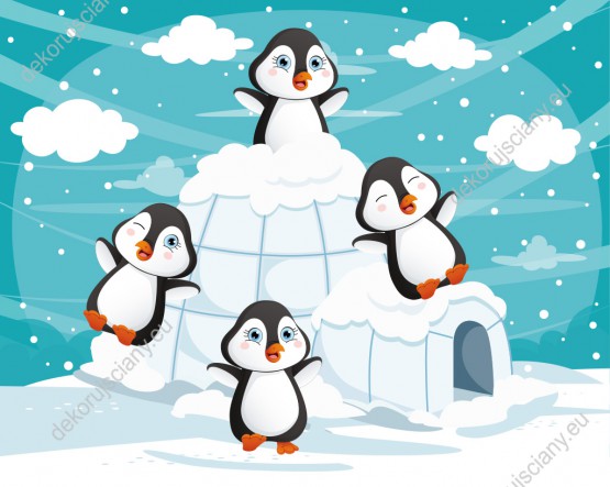 Wzornik fototapety do pokoju dziecięcego w zimowym klimacie ze słodkimi pingwinami i ich śniegowym domkiem, igloo.