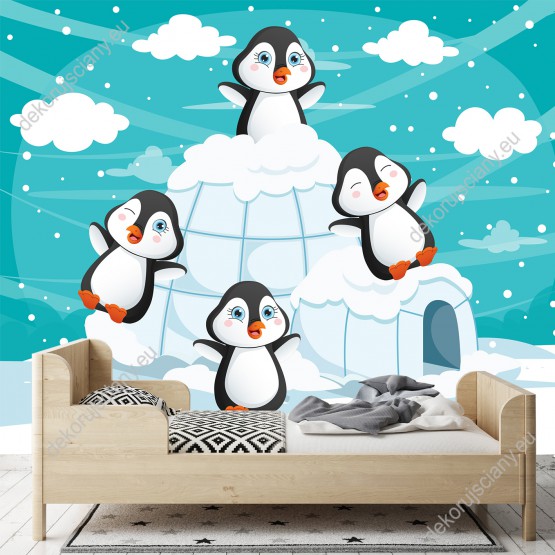 Wizualizacja fototapety do pokoju dziecięcego w zimowym klimacie ze słodkimi pingwinami i ich śniegowym domkiem, igloo.