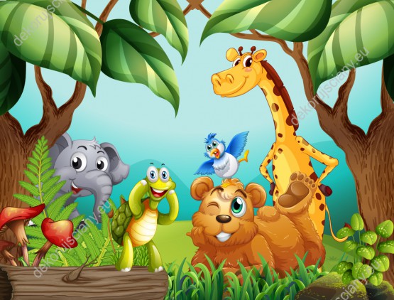 Wzornik fototapety do pokoju dziecięcego zwierzęcych przyjaciół z dżungli: żyrafa, ptak, słoń, żółw i miś.