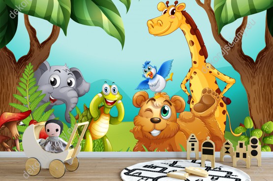 Wizualizacja fototapety do pokoju dziecięcego zwierzęcych przyjaciół z dżungli: żyrafa, ptak, słoń, żółw i miś.