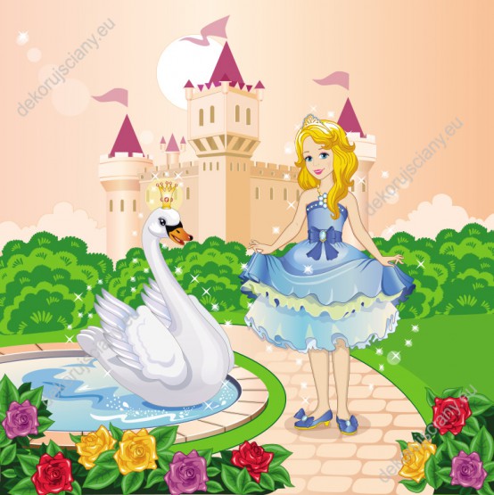 Wzornik fototapety, piękna księżniczka i łabędź w koronie, w kwiatowym ogrodzie, na tle zamku. Fototapeta do pokoju dziecięcego.