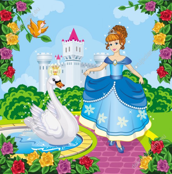 Wzornik fototapety, piękna księżniczka w niebieskiej sukni i łabędź w koronie; wśród kolorowych kwiatów, na tle zamku. Fototapeta do pokoju dziecięcego.
