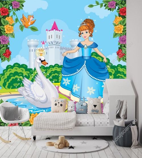 Wizualizacja fototapety, piękna księżniczka w niebieskiej sukni i łabędź w koronie; wśród kolorowych kwiatów, na tle zamku. Fototapeta do pokoju dziecięcego.