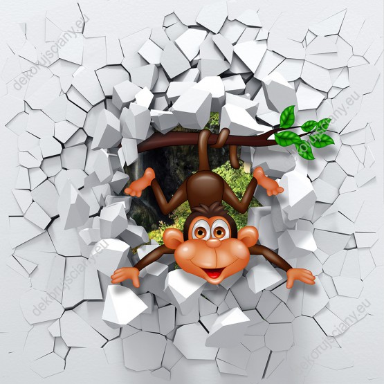 Wzornik fototapety z efektem 3D przedstawia małpkę zaglądającą przez szarą, rozbitą ścianę. Fototapeta do pokoju dziecięcego i młodzieżowego.