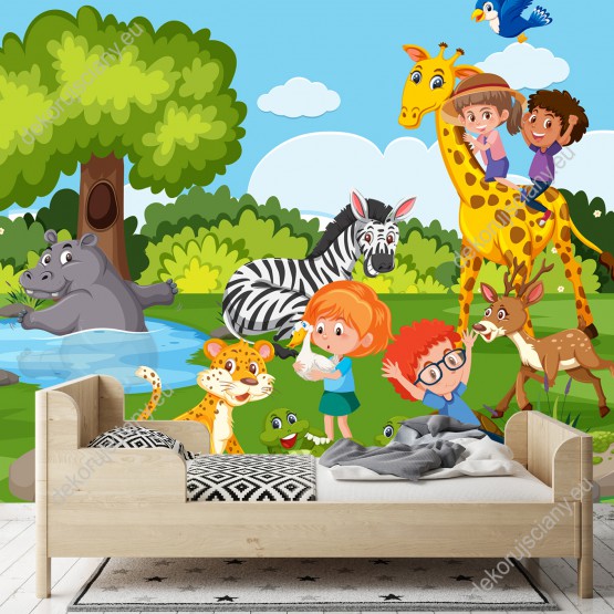 Wizualizacja fototapety do pokoju dziecięcego, przedstawiająca dzieci bawiące się ze zwierzętami.
