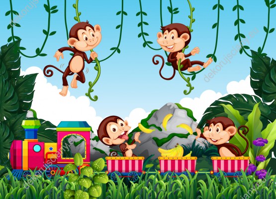 Wzornik fototapety do pokoju dziecięcego z wesołymi małpkami jadącymi pociągiem w dżungli.