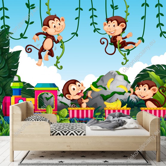 Wizualizacja fototapety do pokoju dziecięcego z wesołymi małpkami jadącymi pociągiem w dżungli.