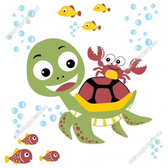 Wzornik fototapety do pokoju dziecięcego żółwiem i grupą podwodnych przyjaciół, rakiem i rybkami.