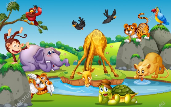 Wzornik fototapety do pokoju dziecięcego przedstawiająca grupę dzikich zwierząt afrykańskich. Żyrafa, lwica, tygrysy, słoń, małpka, żółw, papuga i ptaki odpoczywające przy wodopoju.
