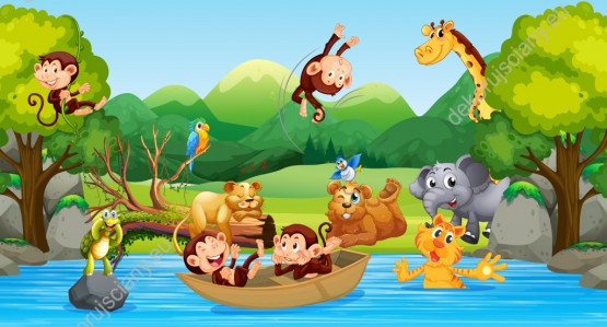 Wzornik fototapety do pokoju dziecięcego przedstawiające wesołe dzikie zwierzęta. Słoń, żyrafa, małpki, kot, lwica, miś i żółw odpoczywające przy rzece.