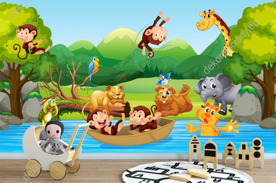 Wizualizacja fototapety do pokoju dziecięcego przedstawiające wesołe dzikie zwierzęta. Słoń, żyrafa, małpki, kot, lwica, miś i żółw odpoczywające przy rzece.