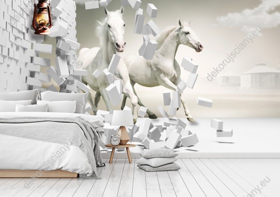 Wizualizacja fototapety do pokoju dziennego, dziecięcego, młodzieżowego, sypialni, salonu, biura z efektem 3D. Fototapeta z widokiem białych galopujących koni, wybiegających zza rozpadającej się ściany.