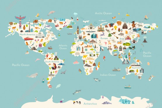 Wzornik fototapety do pokoju dziecięcego przedstawiająca kolorową mapę świata ze zwierzętami i charakterystycznymi elementami różnych krajów, na błękitnym tle mórz i oceanów.