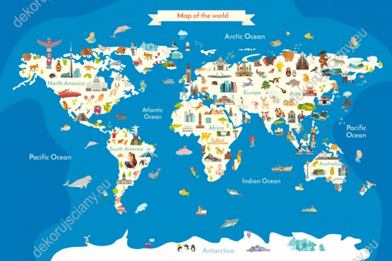 Wzornik fototapety do pokoju dziecięcego przedstawiająca kolorową mapę świata ze zwierzętami i charakterystycznymi elementami różnych krajów, na niebieskim tle mórz i oceanów.